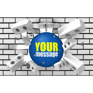 This custom design illustration shows a wrecking ball breaking through a block wall.  You can customize the ball by adding your own text or logo with the image customizer.