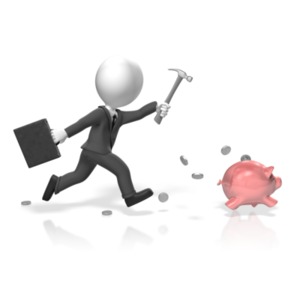 A businessman with a hammer chases a piggy bank spilling its coins.