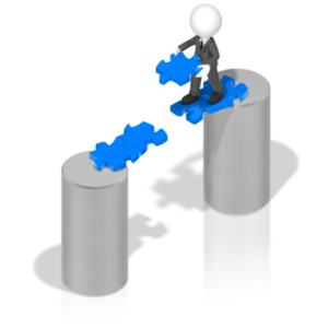 A businessman carries a piece of a puzzle to complete his path from one pillar to another.