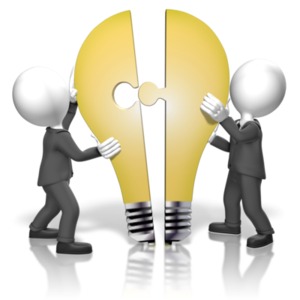 An image of two figures pushing light bulb puzzle pieces together.
