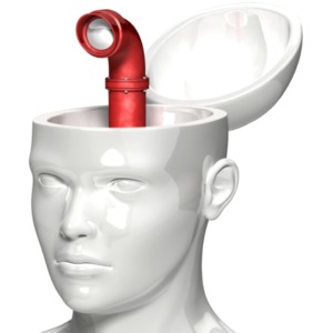 A statue head with the top open and a periscope peaking out. This clip-art can represent getting a different perspective.