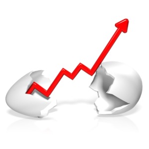 A bar graph zig-zags upward from inside an egg cracked open.