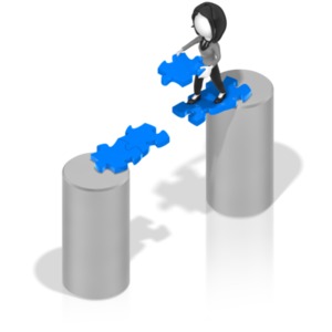 A business woman carries a piece of a puzzle to complete his path from one pillar to another.