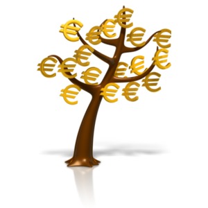 A stylized tree growing euro symbols instead of leaves. This clip-art can represent the phrase &#039;money doesn&#039;t grow on trees&#039;.
