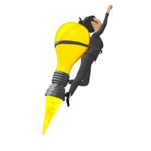This clip art image shows a businesswoman blasting of on a light bulb.