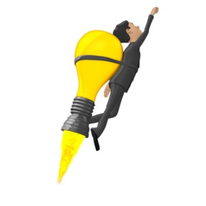 This clip art image shows a businessman blasting of on a light bulb.