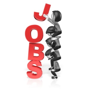 A group of business women sit on each other&#039;s shoulders to build the word &quot;JOBS&quot;.