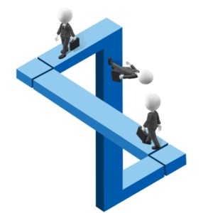 An image of stick figures walking around an optical illusion in an infinite path.