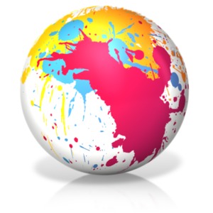 An image of a colorful sphere with splatters of paint.