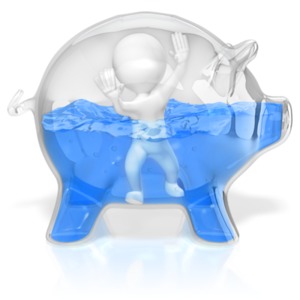 A stick figure is stuck inside a glass piggy bank filled with water.