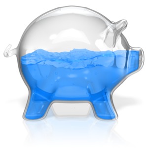 A glass piggy bank half-full of water.