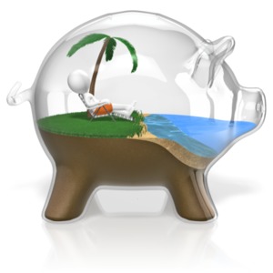 Inside a glass piggy bank, a figure relaxes on the edge of a beach under a palm tree.