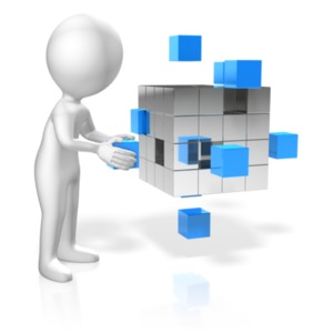 A stick figure grabs a blue cube from an array of cubes. This clip-art can represent finding the right item.