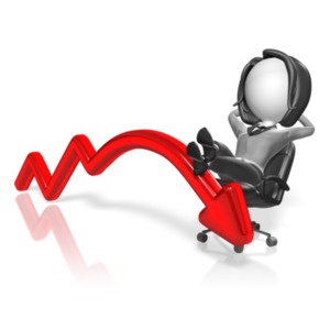 A business woman reclines in an office chair with her feet resting on a slumping arrow. This clip-art can represent someone&#039;s inactivity causing sales to go down.