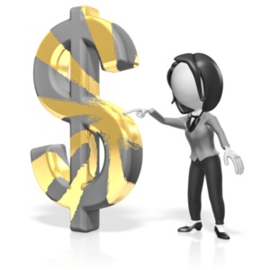 A business woman touches a dollar symbol, turning it to gold.