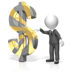 A businessman touches a dollar symbol, turning it to gold.