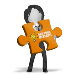 A businesswoman stands holding a large puzzle piece. You can change the message and logo on the piece by using our on-line tools.