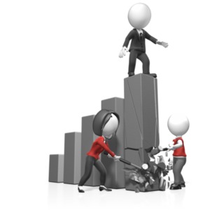 A pair of figures with sledgehammers use sledgehammers to destroy a bar graph another business figure is standing on.