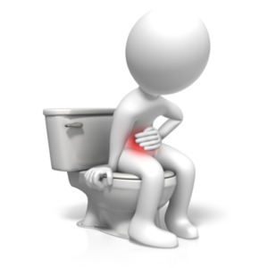 An image of a figure sitting on the toilet with a stomach problem.