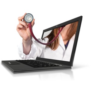 An image of a female doctor&#039;s arm holding out a stethoscope exiting a laptop.