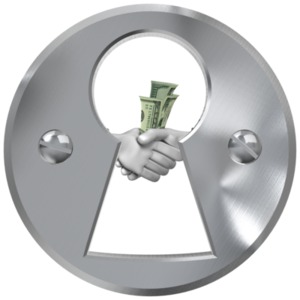 Two hands can be seen through a keyhole trading money.