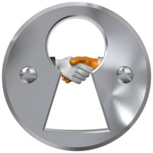 Two hands shaking can be seen through a keyhole.