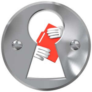 A file being exchanged between to people can be seen through a keyhole