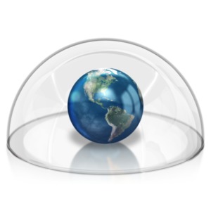 An image of the planet earth secure behind a glass dome.