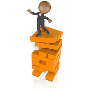 A stick figure balances precariously on top of some stacked beams.