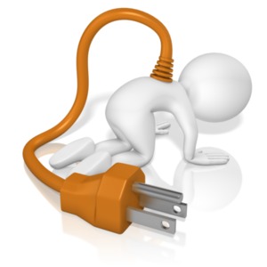 A tired figure is on all fours with an electric cord running from his back. This clip-art can represent someone running out of energy.