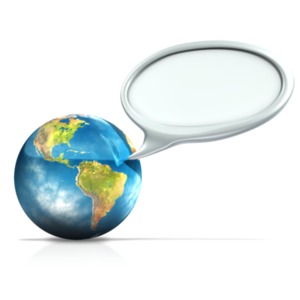 This clip art image shows the world with a speech bubble.