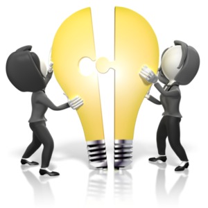 An image of two female business figures pushing light bulb puzzle pieces together.