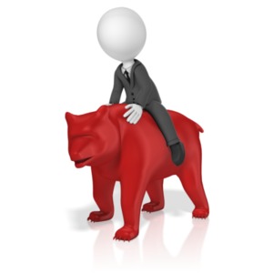 A businessman riding on the back of a bear.