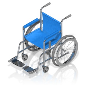 An isometric view of a wheelchair.