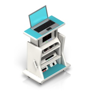 An image of a laptop on top of a medical cart.