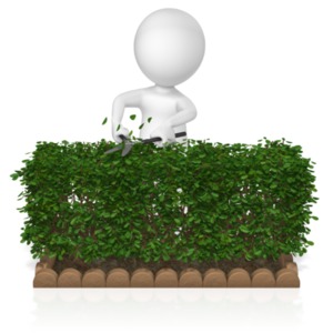 A figure trims the hedges with some clippers.