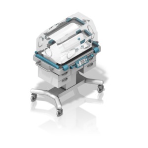 This clip art image shows a NICU incubator at an isometric angle of view.
