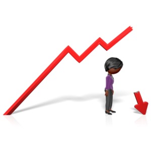 A business woman stares at the end of an arrow graph embedded in the ground.