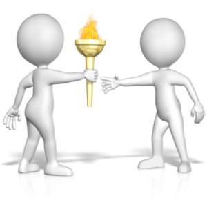 This clip art image shows one figure passing a torch to another.  This displays the idiom of passing the torch.