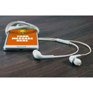 This custom photo shows a smart phone with earbuds connected to it.   You can customize the phones screen by adding Your own text and images.