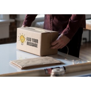 A cardboard box is being prepared for shipping. You can customize the message on the box with your own logo and wording using our on-line tools.