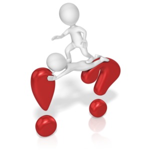A figure walks across another figure to get from a question mark to an exclamation mark. This clip-art can represent finding a solution to a problem