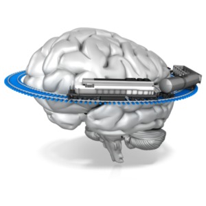 This clip art image shows a brain with a train track running around it.  It can display the idioms of one track mind and train of thought.