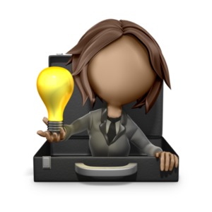 This clipart image shows a businesswoman popping out of a briefcase and revealing an idea light bulb.