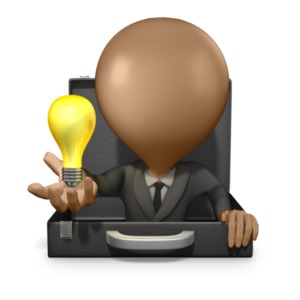 This clip art shows a businessman popping out of a briefcase and revealing an idea light bulb.