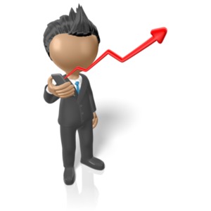 A business man checks his phone with an arrow coming from it. This clip-art can represent using mobile technology for business.