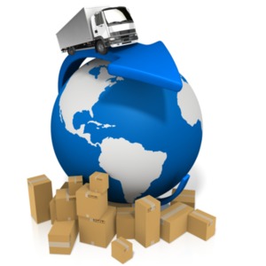 An image of a truck following an arrow going around the world.