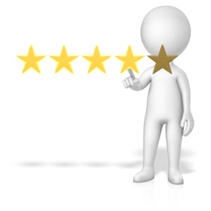 A stick figure touching a star to give a 4 out of 5 rating.