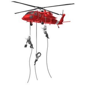 Three business people repel from a rescue helicopter. This clip-art can represent a business team coming to the rescue.