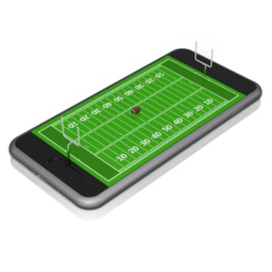 A football field coming out of the screen of a smart phone. This clip-art can represent watching or playing a sports game on a smart device.